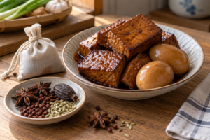 家用滷包香料與豆干滷蛋料理示意圖